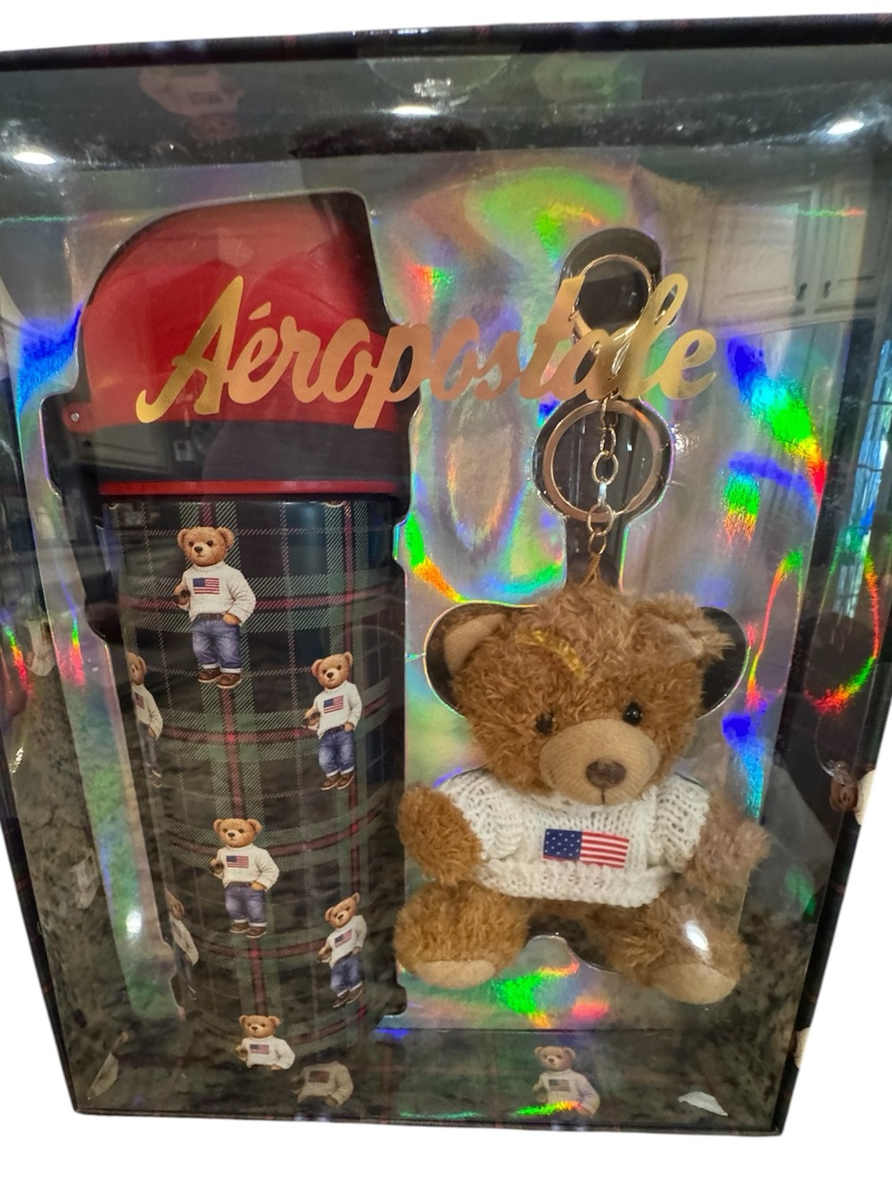 Aeropostale stainless bear tumbler and key chain gift set NeW
